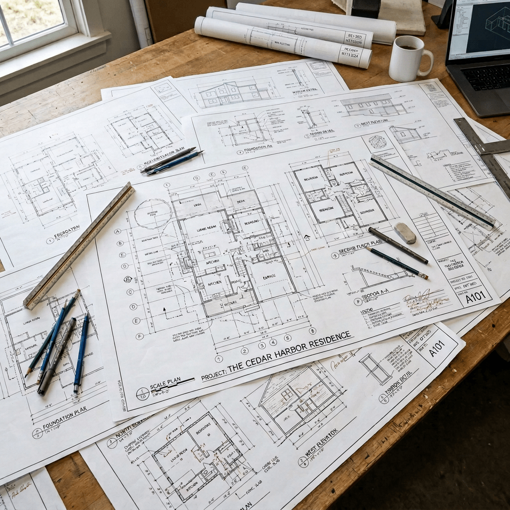 Architectural blueprints spread on a wooden desk with pencils, rulers, an eraser, a coffee mug, and a laptop showing CAD drawings